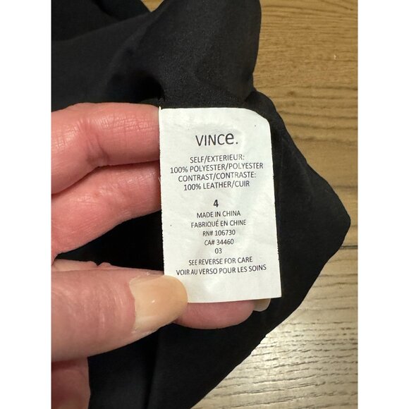 Vince Black Shift Dress Contrast Arms Sz 4 Wedding Guest Formal Poly  Leather - Picture 12 of 14